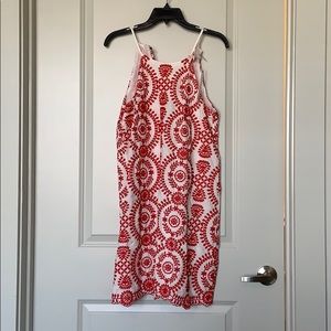 Red and white embroidered dress